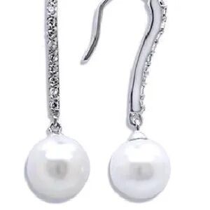 10mm Pearl Pave Set Cz cubic zirconia Fish Hook Drop Dangle Earrings silver